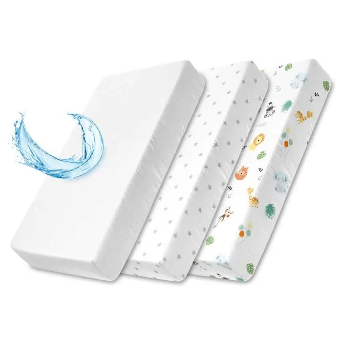 Drap housse landau ensemble nacelle - 2 x housse + protège-matelas imperméable drap de lit 75 x 35 cm Safari blanc-0