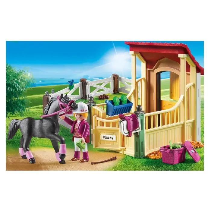 Figurines Personnages - PLAYMOBIL - Box avec Cavalière et Cheval Pur-Sang Arabe - 1 box avec enclos - Plastique-2