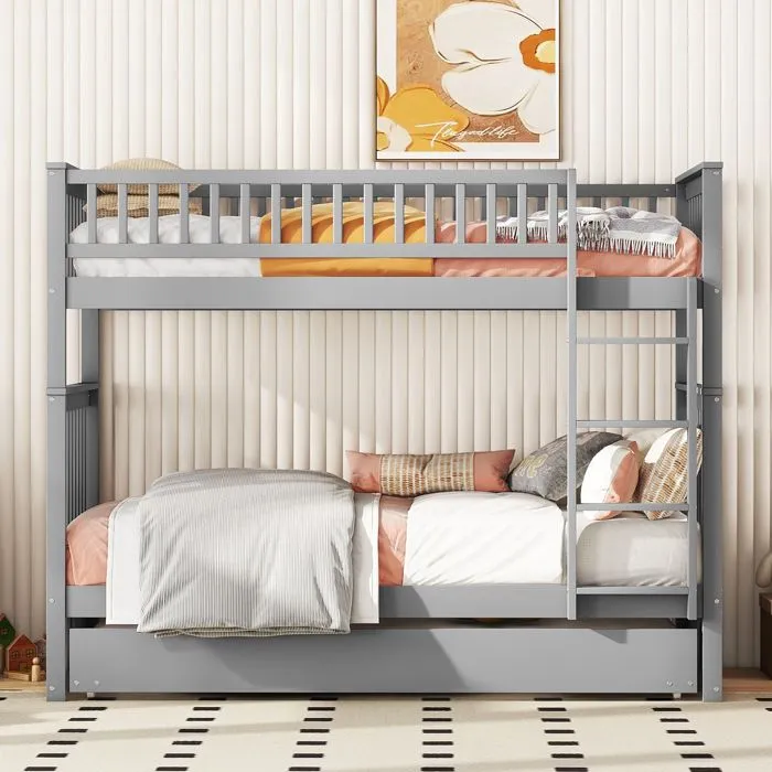 Lit superposé - Enfant - 90x200 cm - Bois massif - Gris - Lit gigogne inclus-1