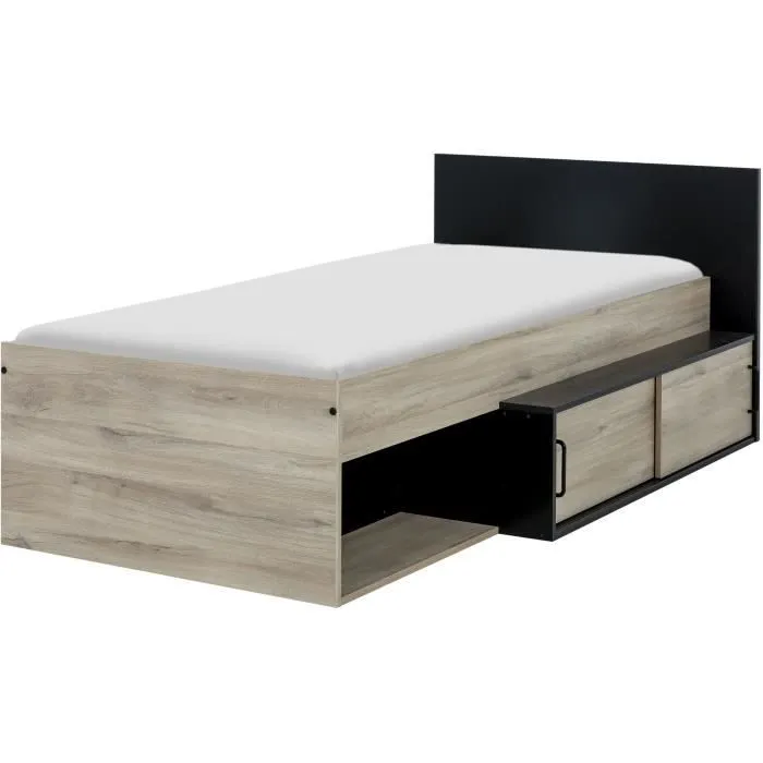 GAMI Erquy Lit enfant avec rangement - Décor Chêne Kronberg clair et Noir - 90 x 200 cm-2