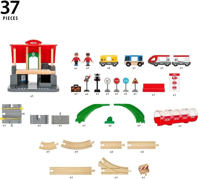 Circuit de train en bois BRIO - Gare centrale - Coffret complet 37 pièces - Mixte dès 3 ans-3