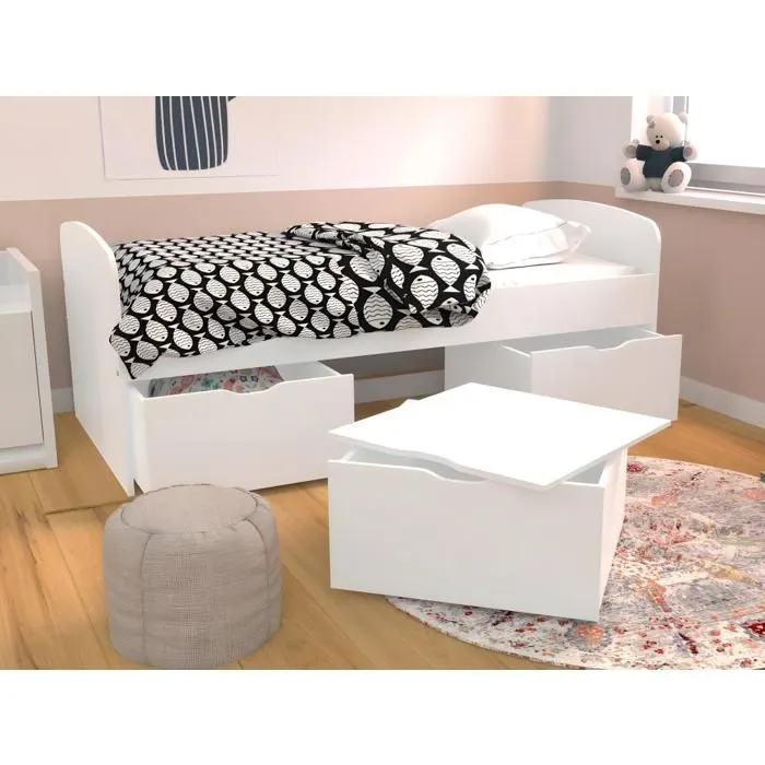 Lit MIA 90x190 + 1 sommier + 2 tiroirs + 1 coffre table basse / Blanc-1