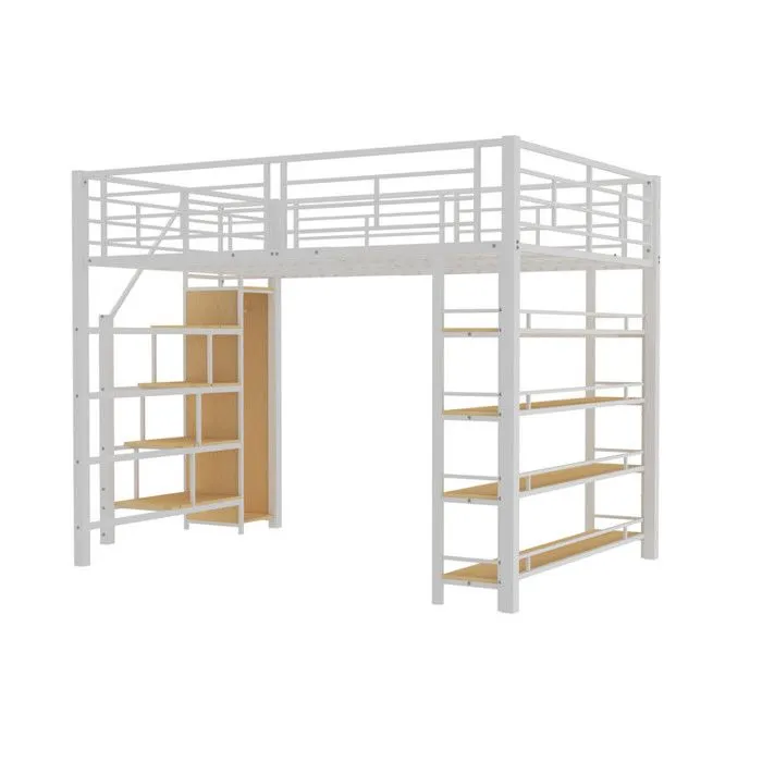 Lit mezzanine - Blanc - 90x200cm - Escalier de sécurité - Armoire intégrée - Design enfant-1