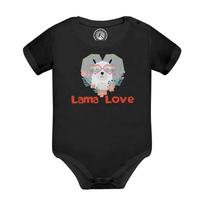 Body Bébé Manche Courte Noir Lama Love Dessin Illustration Hippie Peace-0