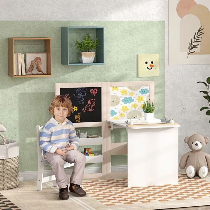 Table enfant avec chaise AIYAPLAY 3 en 1 avec chevalet pliable étagères de rangement, rouleau de papier - 3 à 8 ans, blanc-1