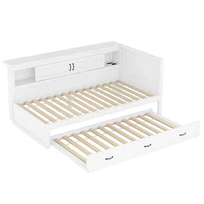 Lit gigogne - Bois Blanc - 90x200cm + 90x190cm - Avec rangement - LED et USB intégrés-5