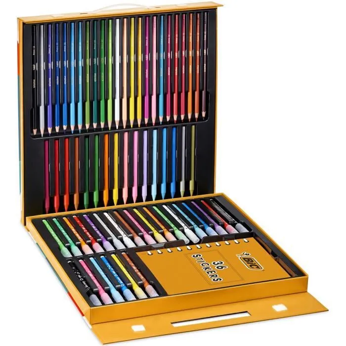 BIC Kids Mallette de Coloriage - 24 Crayons de Couleurs/24 Feutres/16 Craies et 36 Stickers à Colorier-1