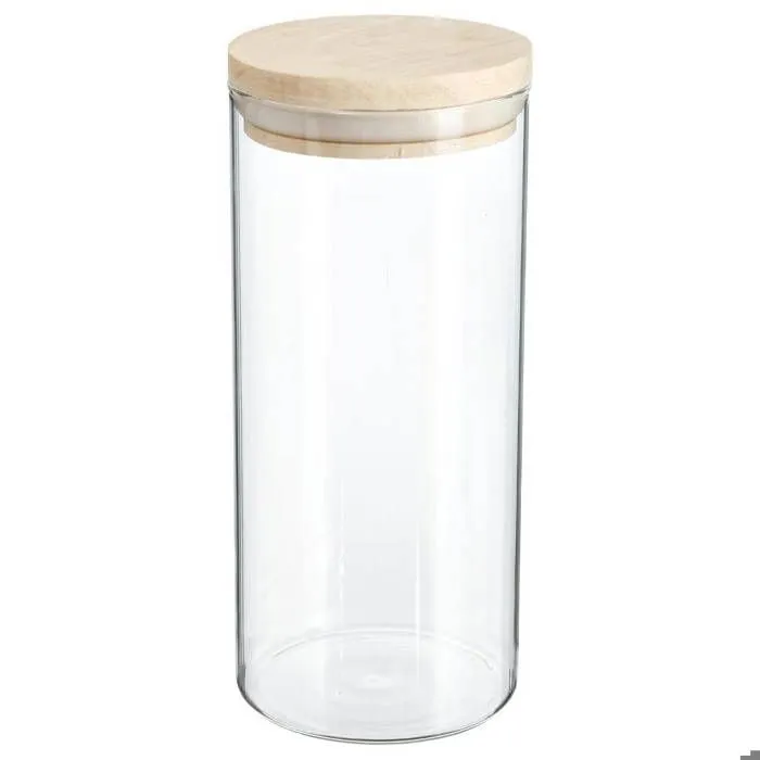 Bocal en verre - FIVE - Modèle Hermet - 1,3L - Couvercle en bois - Cylindrique-0