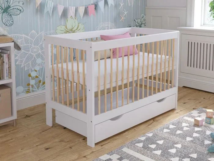 Lit Bebe Evolutif avec tiroir en Bois Pin Blanc 120x60cm, Transformable en Un Canapé-lit avec Une Barrière de Sécurité-1