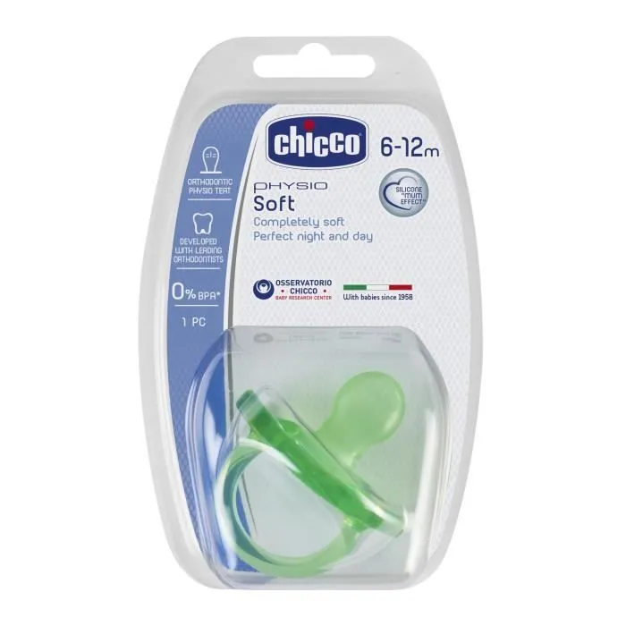 CHICCO Sucette Physio Soft "tout silicone" - Vert ou violet aléatoire - 6-12m - Blister-0
