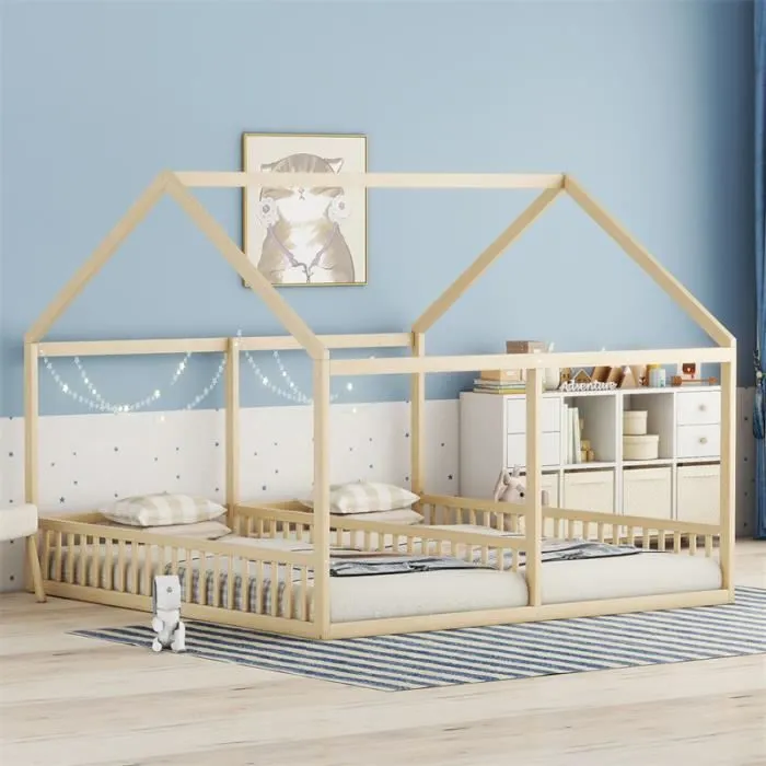 Lit cabane - Naturel - 90x200cm - 2 places - Bois massif - Design en forme de maison-1