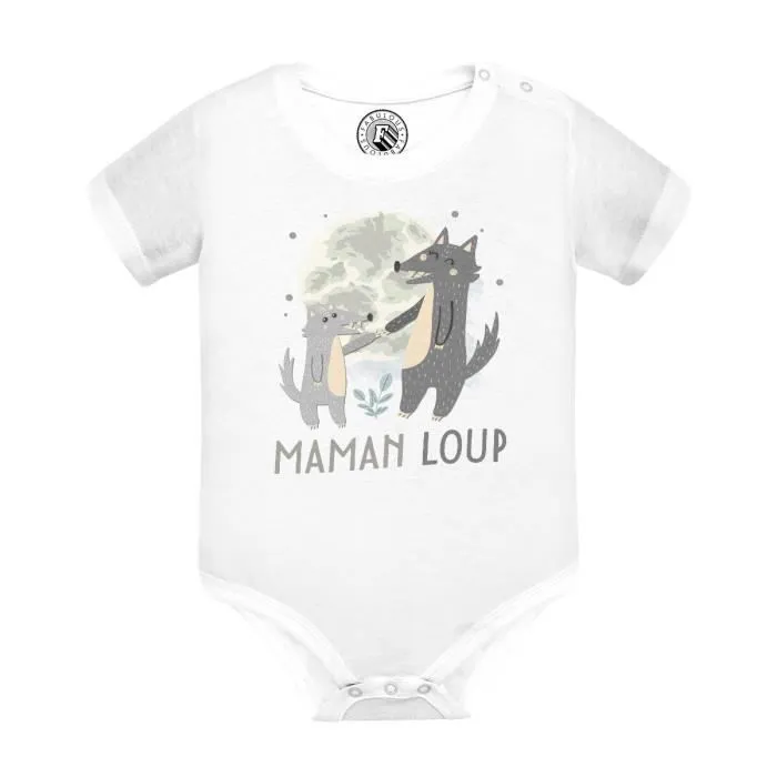 Body Bébé Manche Courte Blanc Maman Loup et son Bébé Dessin Illustration Lune-0