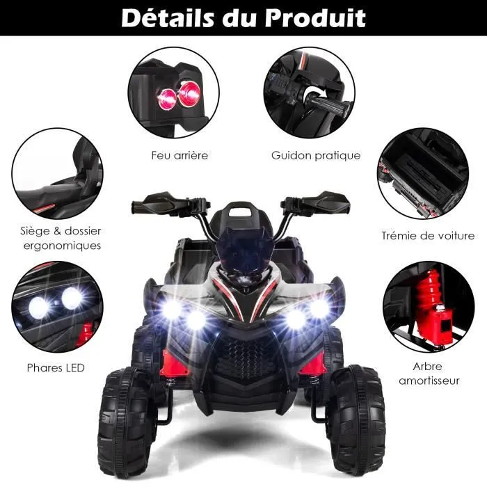 COSTWAY Quad Électrique 12V pour Enfants, avec 6 Roues, 4 Moteurs, Coffre Arrière, LED, Musique, Histoire, USB, 3+ Ans, Noir-3