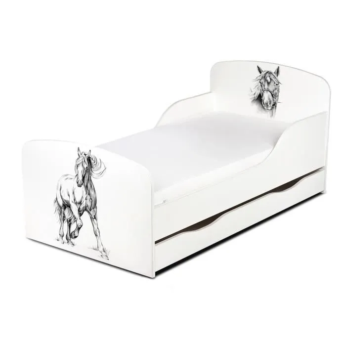 Lit d'enfant 140x70 avec matelas et un tiroir motif: Cheval-0