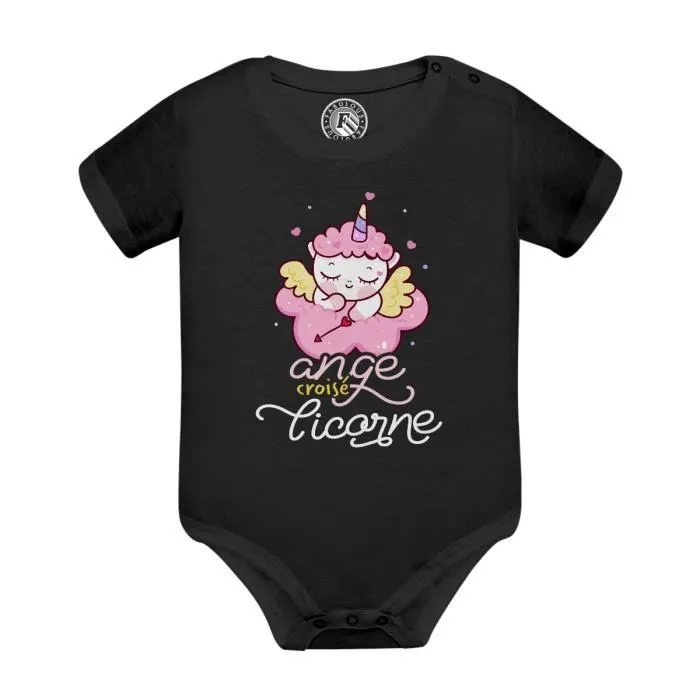 Body Bébé Manche Courte Noir Ange Croisé Licorne Dessin Original Illustration Mignon-0