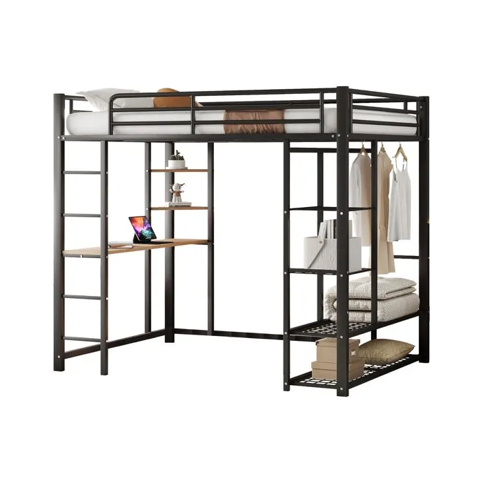 Lit mezzanine - Métal - 140x200 cm - Noir - Avec table et étagères - 1 place-1
