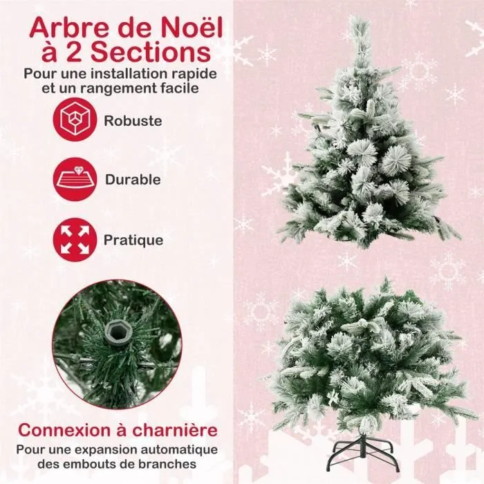 Sapin de Noël Artificiel LED 136 cm COSTWAY-Neige Blanche-150 Lumières Blanches Chaudes-384Branches en PE et PVC-Décoration de Noël-3