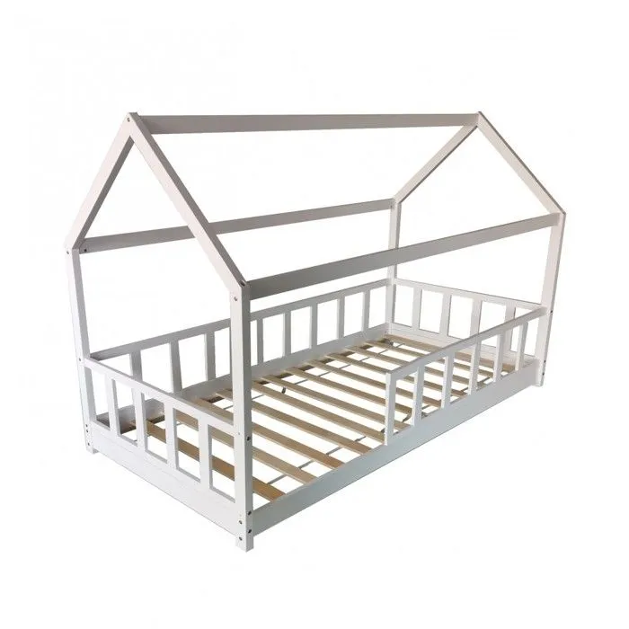 Lit cabane Kiwi 90x200 + 1 sommier + barrière /Blanc-1