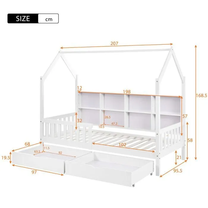 Lit d'enfant - Scandinave - 90x200 cm - Bois massif - Bibliothèque intégrée - 2 tiroirs-5