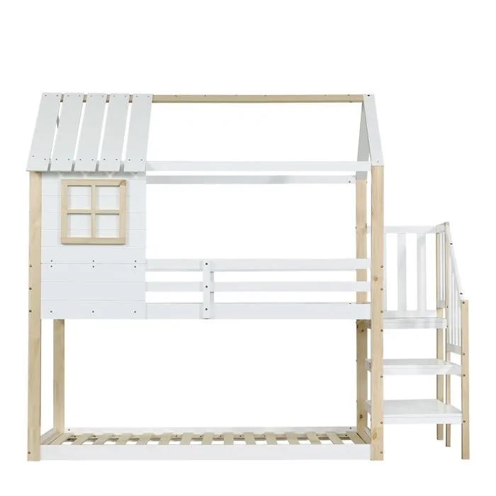 Lit superposé - Enfant - 90x200cm - Blanc + Naturel - Design avec fenêtre - Escalier d'angle-5