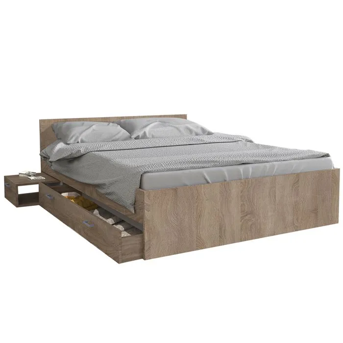 Lit TWIST 140x190+ 1 chevet + 1 tiroir / CHENE BLANCHI 194x144x65 cm-0