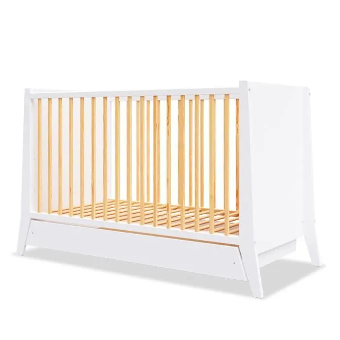 Lit bébé évolutif - Timeo - Blanc & bois - Ajustable sur 3 hauteurs - Tiroir de rangement-1