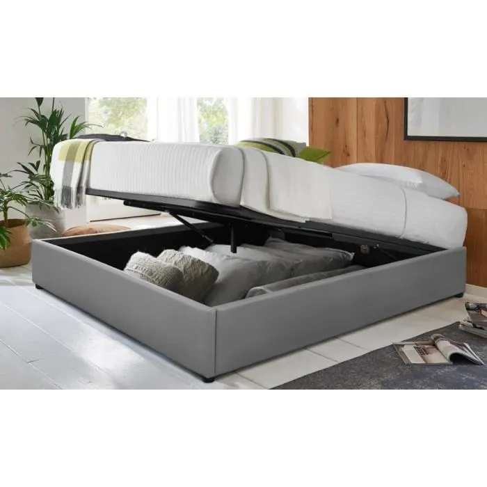 Lit Coffre Vegas 200x200 Sampur | Gris | Simili Cuir | Sommier à Lattes Flexibles Inclus | Rangement XXL | Pratique et Robuste-0