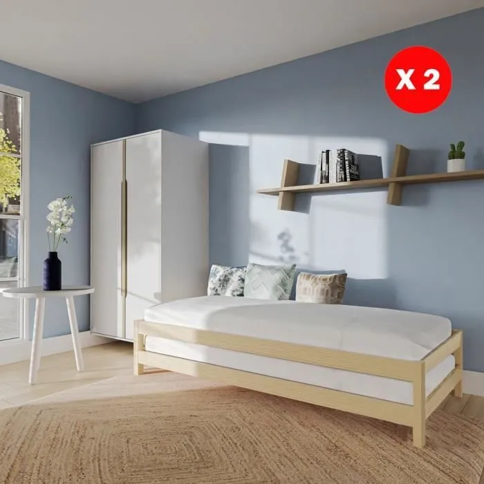 Lit empilable JONAS 90x200 (lot de deux lits)+ 2 sommiers / Naturel 204x95x42-0