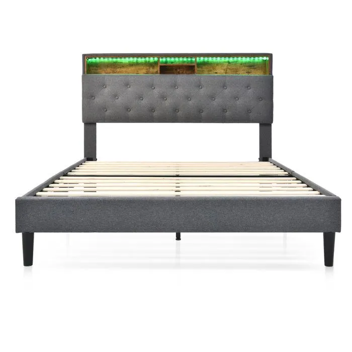 Lit adulte 140x200 cm - Tête de lit avec rangement, LED - Gris - MODERNLUXE - Design contemporain-2