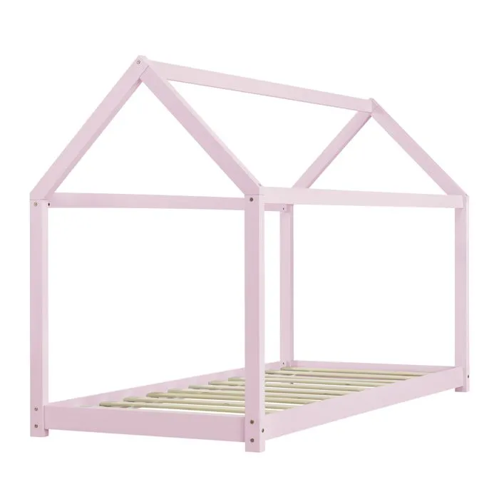 Lit Cabane Forme Maison Netstal avec Matelas Mousse à Froid 200 x 90 cm Rose [en.casa]-3