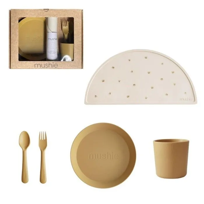 Coffret cadeau Repas Jaune Moutarde - Couverts - Assiette - Verre - Set de table - Vaisselle bébé et enfants - Mushie-0