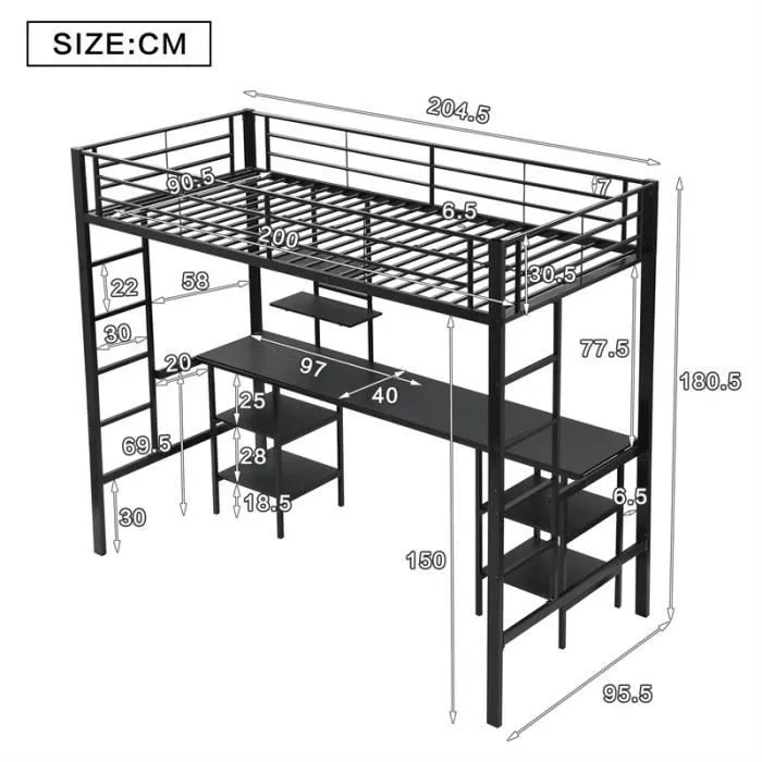 Lit mezzanine - Noir - 90x200cm - Avec table et étagères - Grille antichute - Métal et MDF-3