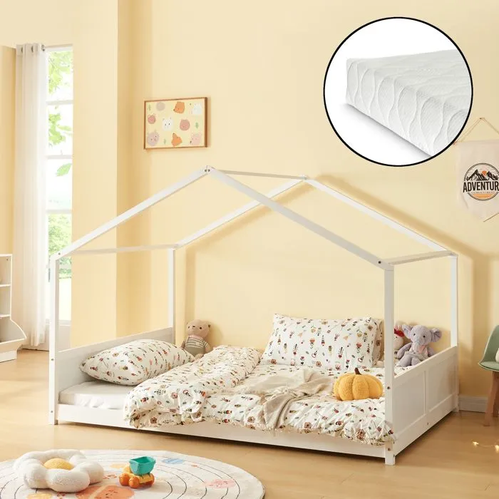 Lit cabane Simo avec matelas 140 x 200 cm blanc-0
