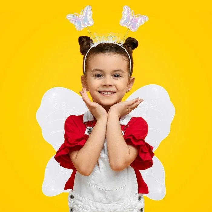 Relaxdays Costume de fée pour enfants, ailes de fée, baguette magique, Jupe et serre-tête, Paillettes, Couleur blanche-1