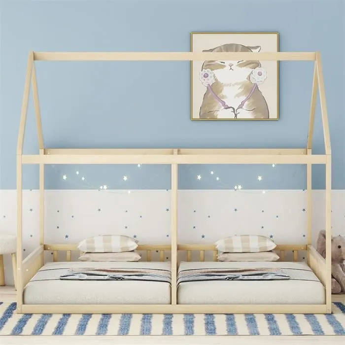 Lit cabane - Naturel - 90x200cm - 2 places - Bois massif - Design en forme de maison-2