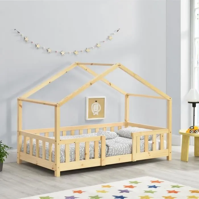 Lit d'Enfant Forme Maison avec Grille de Protection Treviolo 160 x 80 cm Bois Naturel-0