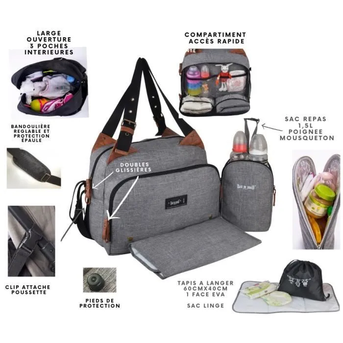 Baby on board- sac à langer - sac titou Gris chiné - 2 compattiments 8 poches - sac repas - tapis à langer sac linge sale attaches-1