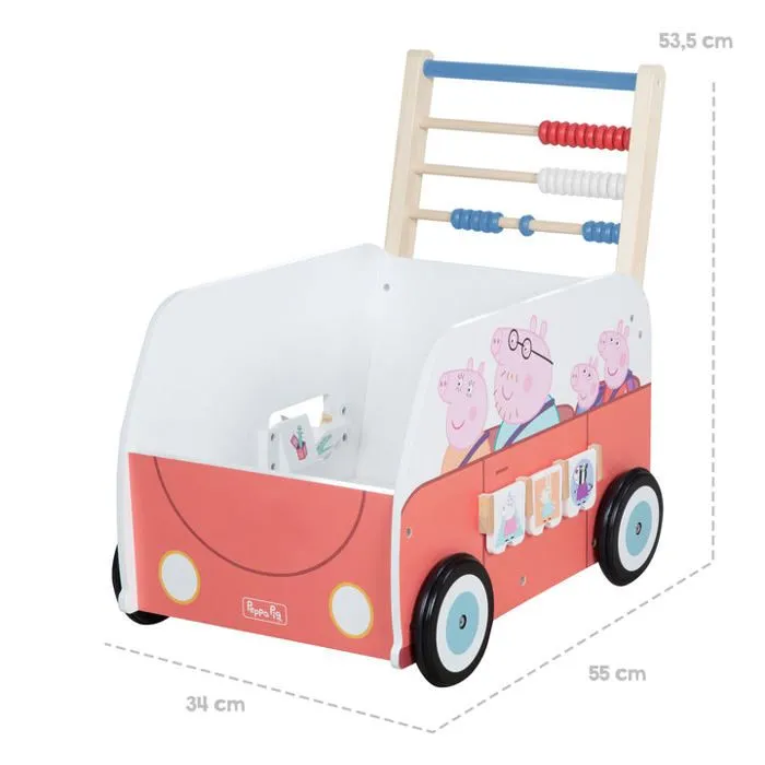 Trotteur Bébé Peppa Pig - Bus et Chariot Enfant - Horloge Boulier et Éléments à Tourner - Bois Rose - Blanc-4