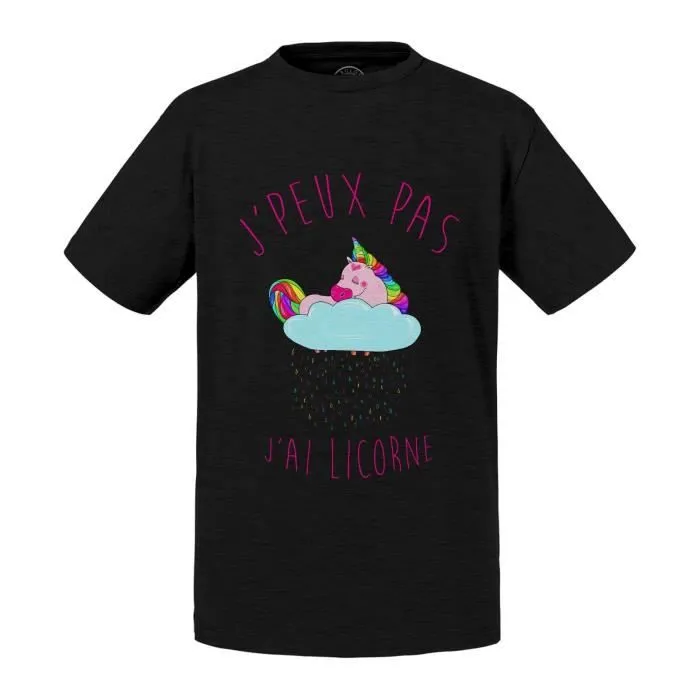 T-shirt Enfant Noir J'Peux Pas J'Ai Licorne Humour Dessin Licorne Qui Dort sur Nuage Qui Pleut des Gouttes Arc-en-ciel-0