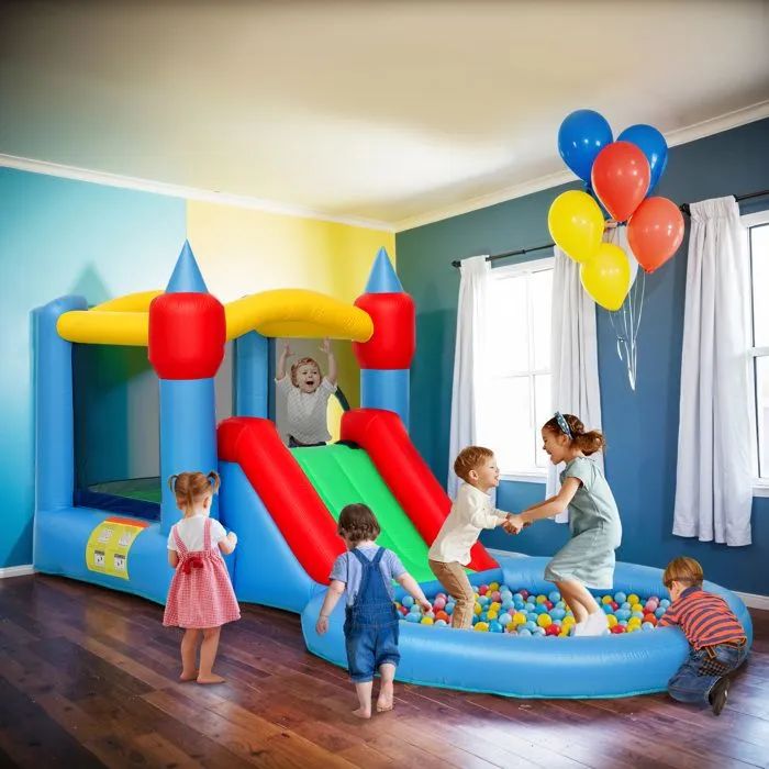 Château gonflable 4 en 1 - AIYAPLAY - toboggan, panier de basket, piscine à balles - souffleur 370W - 415 x 205 x 190 cm-2