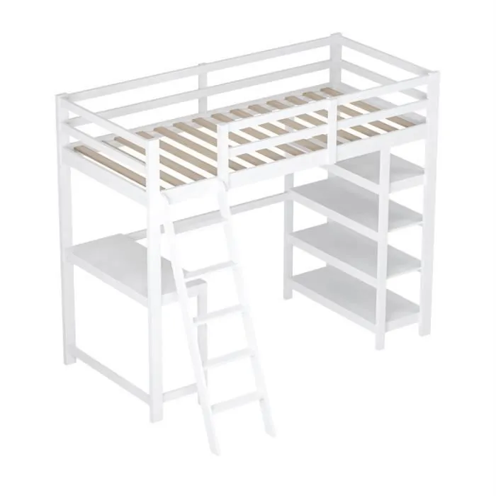 Lit mezzanine 90x200cm - lit enfant avec sommier à lattes, bureau, étagères de rangement, échelle inclinée - Blanc-2