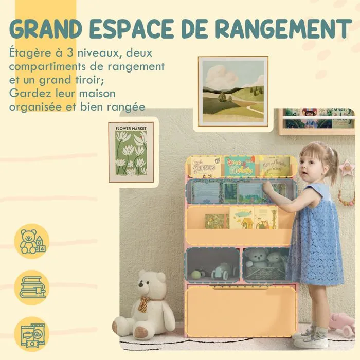 Bibliothèque HOMCOM étagère Multi-Rangement 3 étagères 2 niches Grand tiroir en bois Rose-4