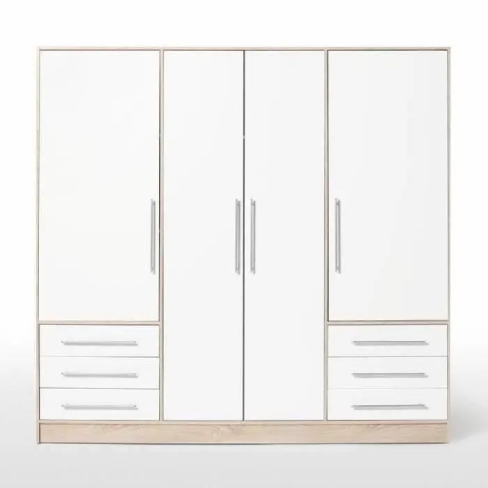 Armoire 4 portes battantes + 6 tiroirs - Chêne et blanc - L 206 x P 60 x H 200 cm - JUPITER-2