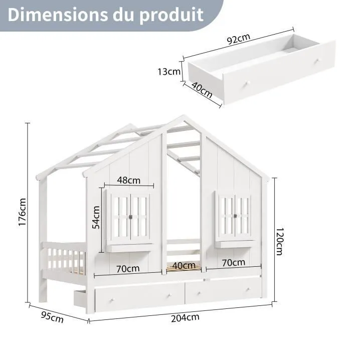 Lit cabane enfant 90x200cm - style pastorale - avec 2 fenêtres, toit, sommier à lattes et 2 tiroirs - sans matelas - en bois blanc-3