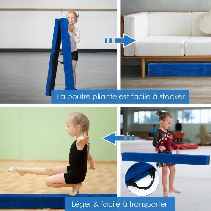 COSTWAY Poutre de Gymnastique Pliable 210cm pour Enfants avec Poignées de Transport 4 Patins Antidérapants Couverture en Daim Bleu-3