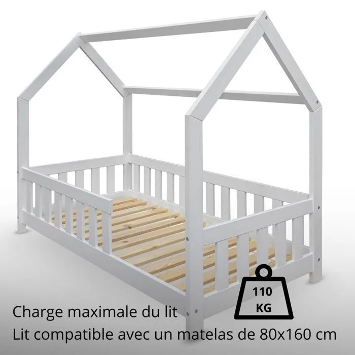 DUBI - Lit cabane pour enfant 80 x 160 cm blanc avec sommier et barrières-4