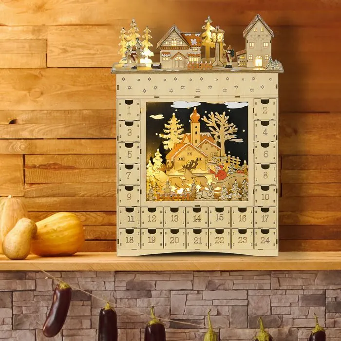 Calendrier de l'Avent LED - 10 lumières blanc chaud - 24 tiroirs - décoration lumineuse de Noël - MDF bois naturel-2