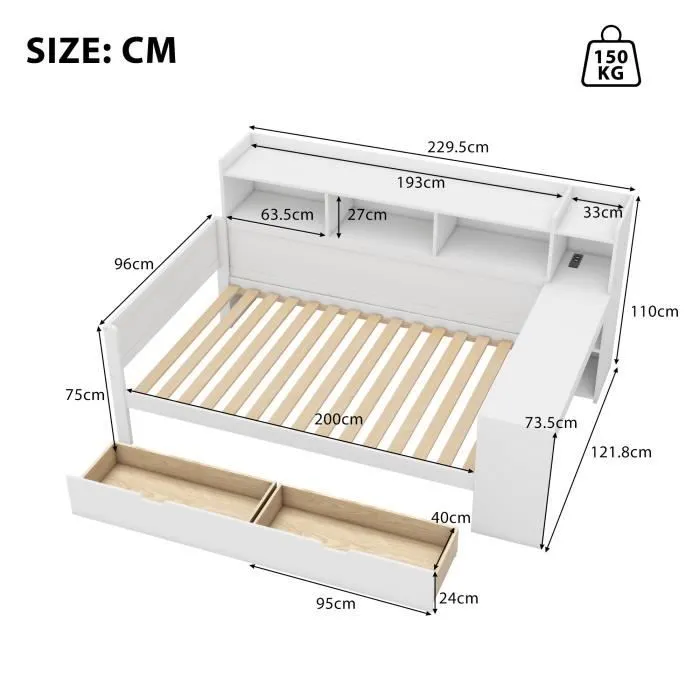 Canapé-lit - Canapé-lit méridienne - 90x200 cm - 2 tiroirs - Bureau avec port USB - Blanc-3
