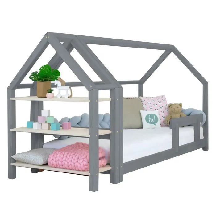 Lit cabane avec étagère 90 x 180 gris et naturel-0