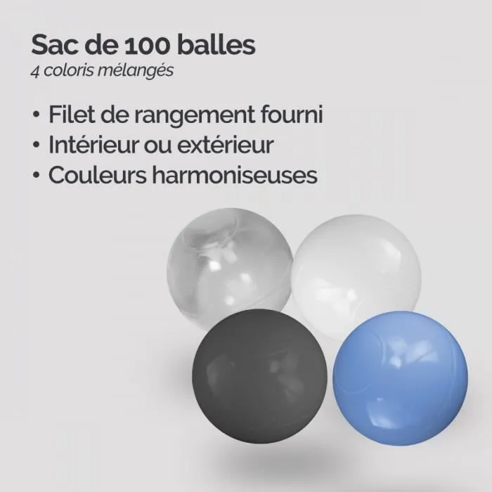 Lot de 2 sacs de 100 balles de jeu ou de piscine 5,5 cm - Bleu, gris, blanc et transparent - Monsieur Bébé-2